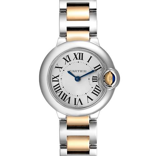 The image shows a front view of the Cartier Ballon Bleu W2BB0010 Women's Steel and Gold (two tone) Silver Dial W2BB0010 Women's Steel and Gold (two tone) Silver Dial watch, highlighting its dial, blue hands, and metallic bracelet.