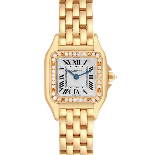 The Cartier Panthere WJPN0015 Women's Yellow Gold Silver Dial WJPN0015 Women's Yellow Gold Silver Dial watch is shown from the front, featuring a gold bracelet, square face, and diamond-studded bezel.