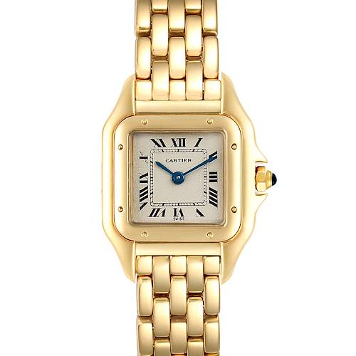 The image shows a front view of a Cartier Panthere W25022B9 Women's Yellow Gold Silver Dial W25022B9 Women's Yellow Gold Silver Dial model watch, depicting its gold case, bracelet, and Roman numeral dial.