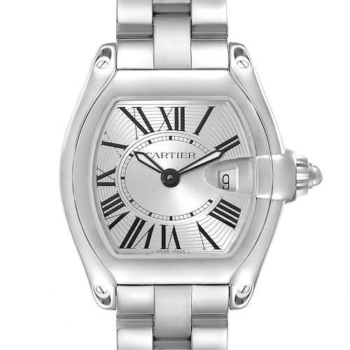 The image shows a frontal view of the Cartier Roadster W62016V3 Women's Stainless Steel Silver Dial W62016V3 Women's Stainless Steel Silver Dial watch, displaying its dial, case, and part of the bracelet.