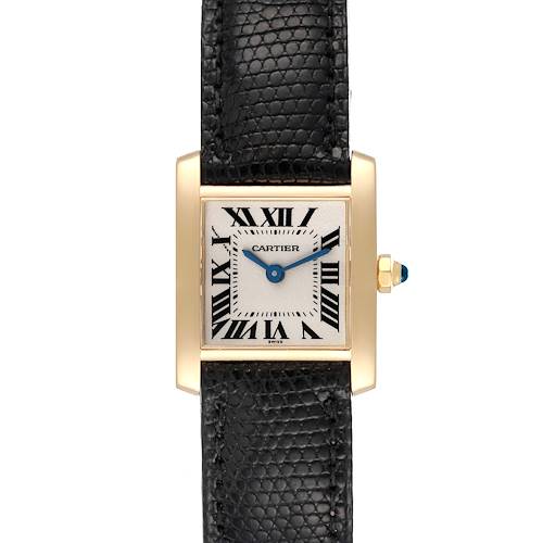 This image shows a frontal view of a Cartier Tank Francaise W5000256 Women's Yellow Gold Silver Dial W5000256 Women's Yellow Gold Silver Dial watch featuring a black leather strap and Roman numeral dial.