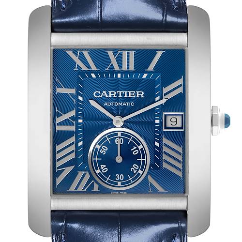 The Cartier Tank MC WSTA0010 Men's Stainless Steel Blue Dial WSTA0010 Men's Stainless Steel Blue Dial watch is shown from a front angle, highlighting its blue dial, Roman numerals, sub-dial, and date window.