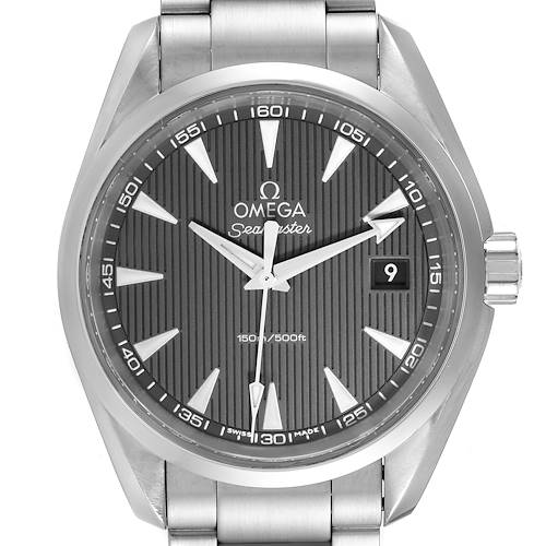 The image shows a front view of the Omega Aqua Terra 231.10.39.60.06.001 Men's Stainless Steel Grey Dial 231.10.39.60.06.001 Men's Stainless Steel Grey Dial watch, highlighting the dial, hands, date, crown, and part of the bracelet.