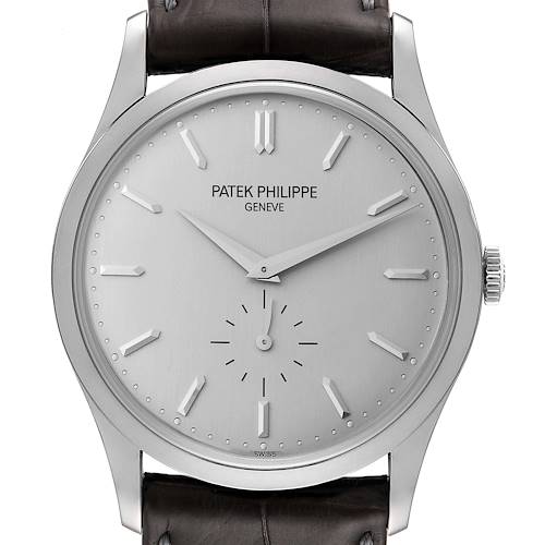 This is a front view of the Patek Philippe Calatrava 5196G Men's White Gold Silver Dial 5196G Men's White Gold Silver Dial watch, showing its dial, hands, and part of its leather strap.