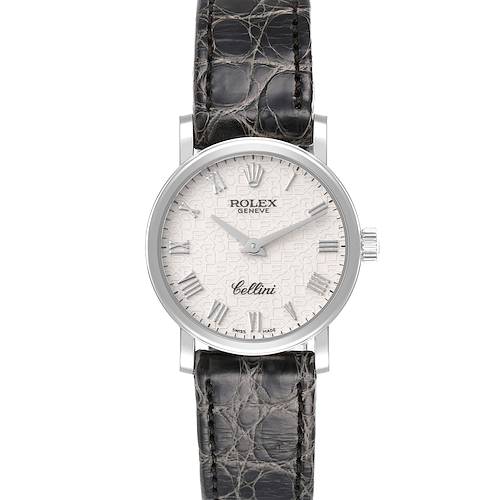 The image shows a front view of a Rolex Cellini 6110/9 Women's White Gold White Dial 6110/9 Women's White Gold White Dial watch, featuring the dial and leather strap.