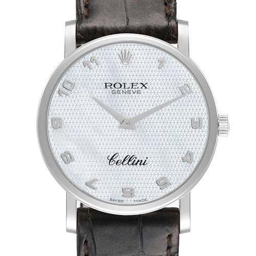 The image shows a straight-on view of the Rolex Cellini 5115/9 Men's White Gold Mother of Pearl Dial 5115/9 Men's White Gold Mother of Pearl Dial watch, displaying its face, silver bezel, and leather strap.