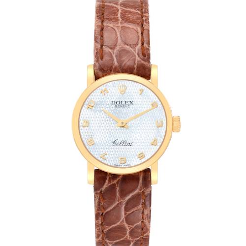 The image shows a Rolex Cellini 6110/8 Women's Yellow Gold Mother of Pearl Dial 6110/8 Women's Yellow Gold Mother of Pearl Dial watch from a front angle, featuring a white dial, gold case, and a brown leather strap.