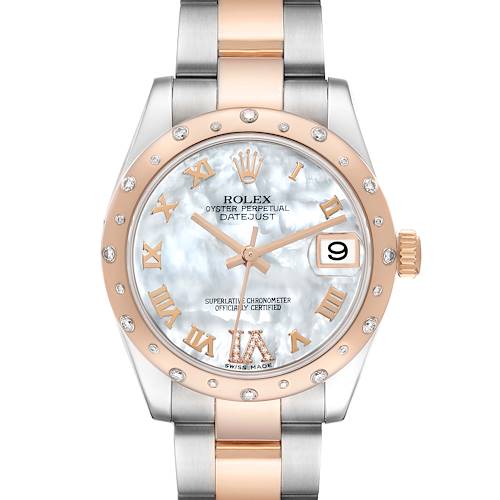 The image shows a front view of a Rolex Oyster Perpetual Datejust Mid-Size watch with a diamond-set bezel and two-tone bracelet.