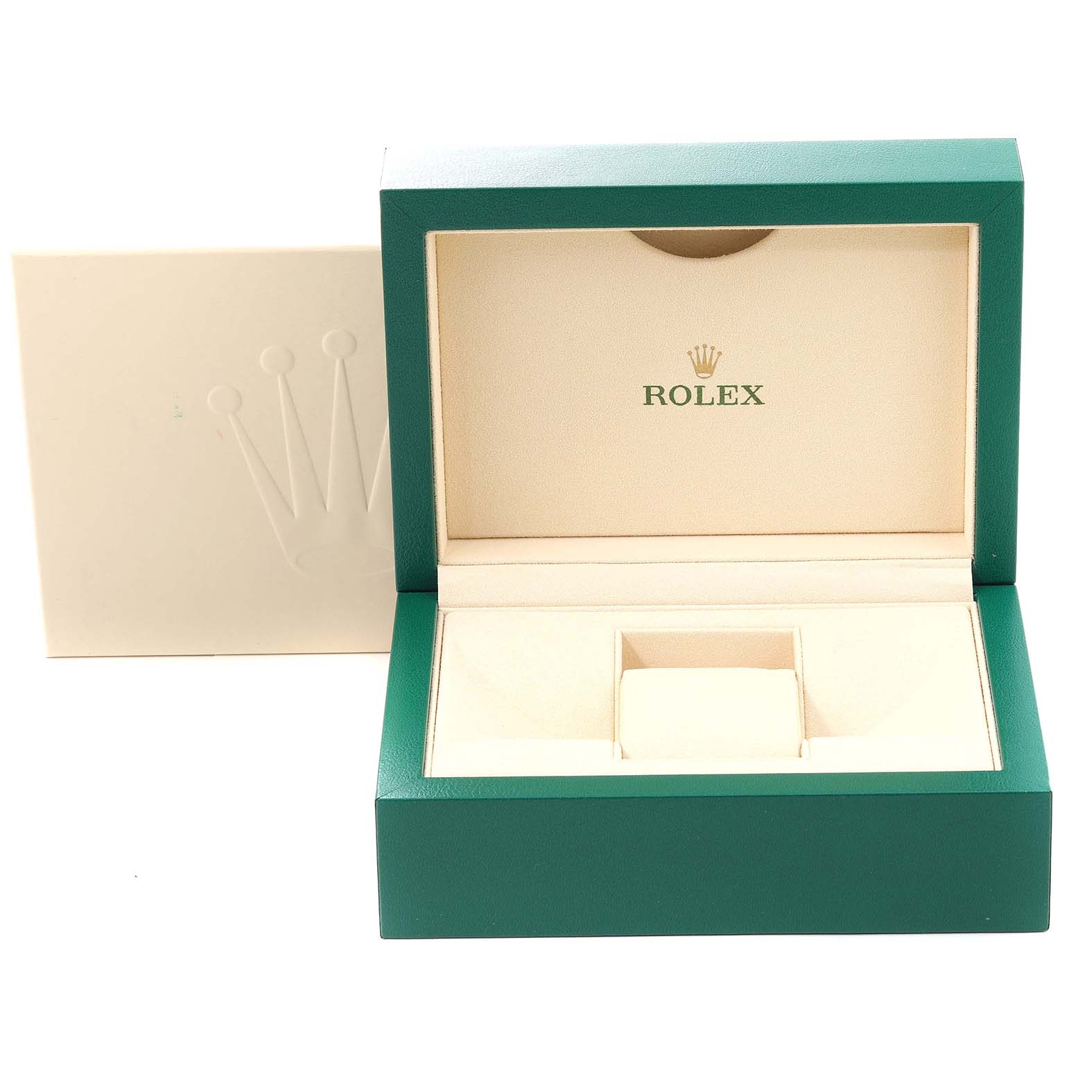 The image shows an open green and beige box for a Rolex Mid-Size 178341 Women's Steel and Gold (two tone) Mother of Pearl Dial 178341 Women's Steel and Gold (two tone) Mother of Pearl Dial model watch, displaying the interior with the Rolex logo.