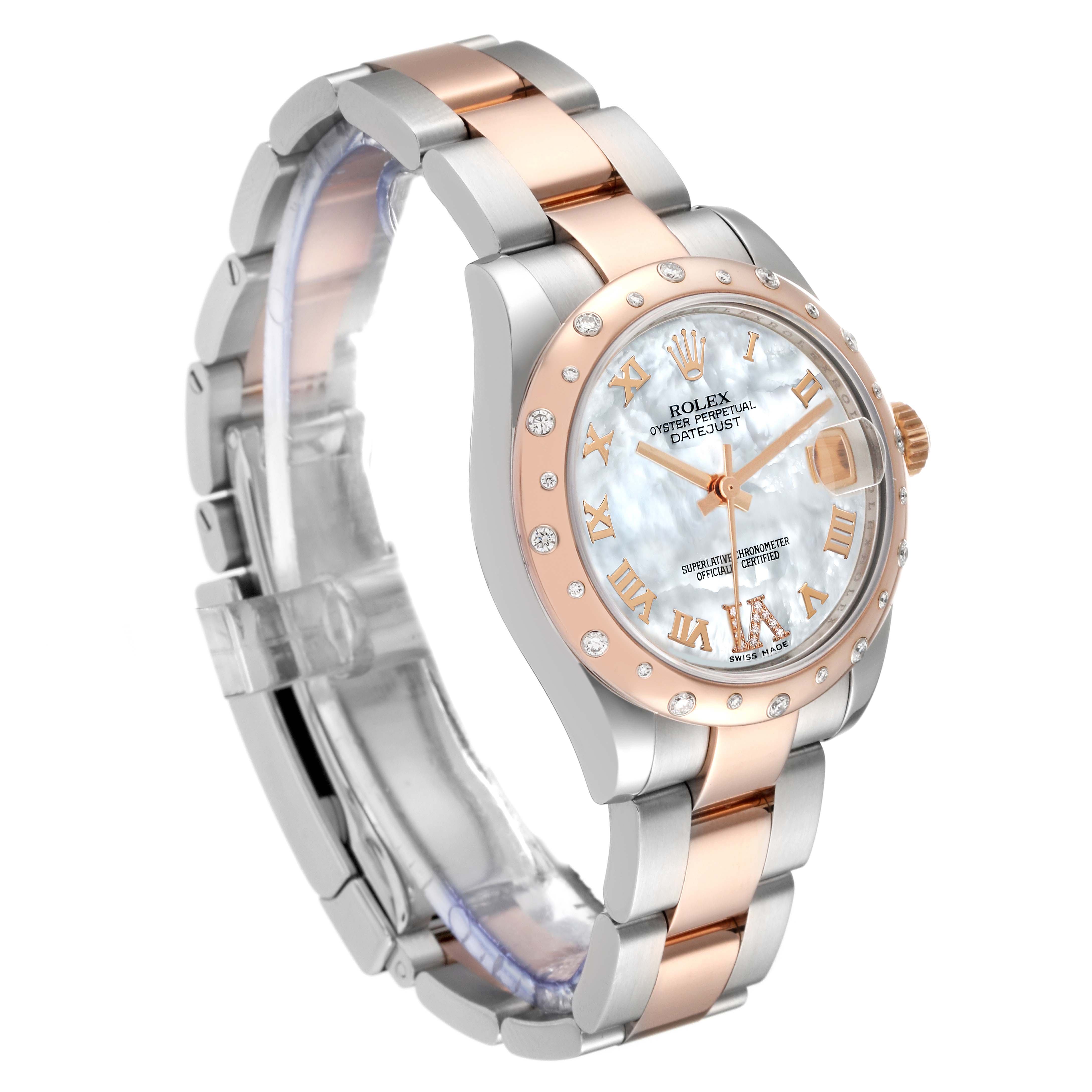 The image shows a Rolex Mid-Size 178341 Women's Steel and Gold (two tone) Mother of Pearl Dial 178341 Women's Steel and Gold (two tone) Mother of Pearl Dial Datejust watch at a three-quarter angle, highlighting its two-tone band and diamond-encrusted face.