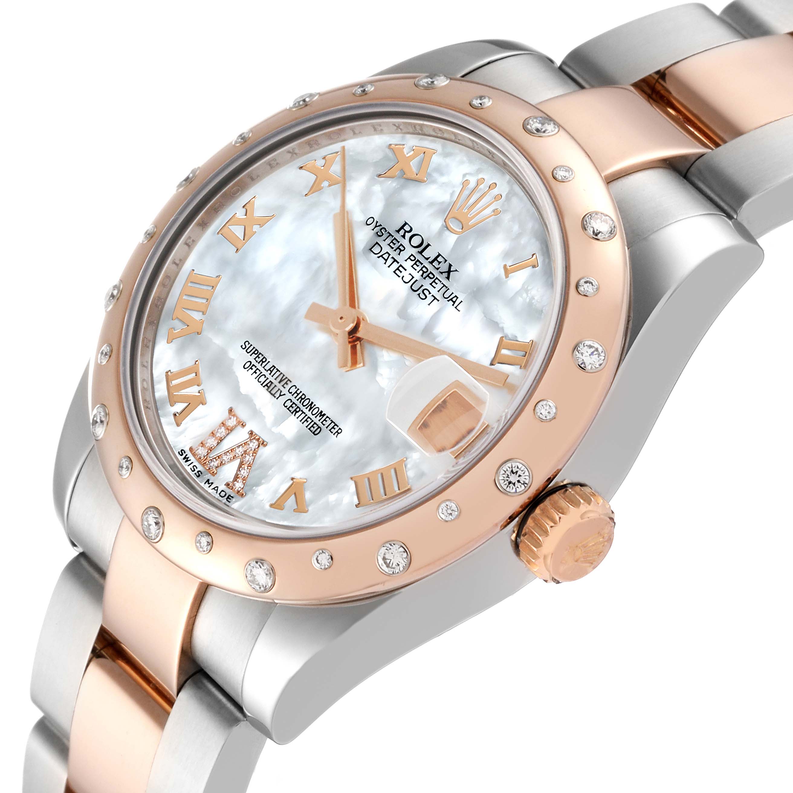 This image shows a close-up angle of a Rolex Mid-Size 178341 Women's Steel and Gold (two tone) Mother of Pearl Dial 178341 Women's Steel and Gold (two tone) Mother of Pearl Dial Datejust watch's face, bezel, and part of the bracelet.