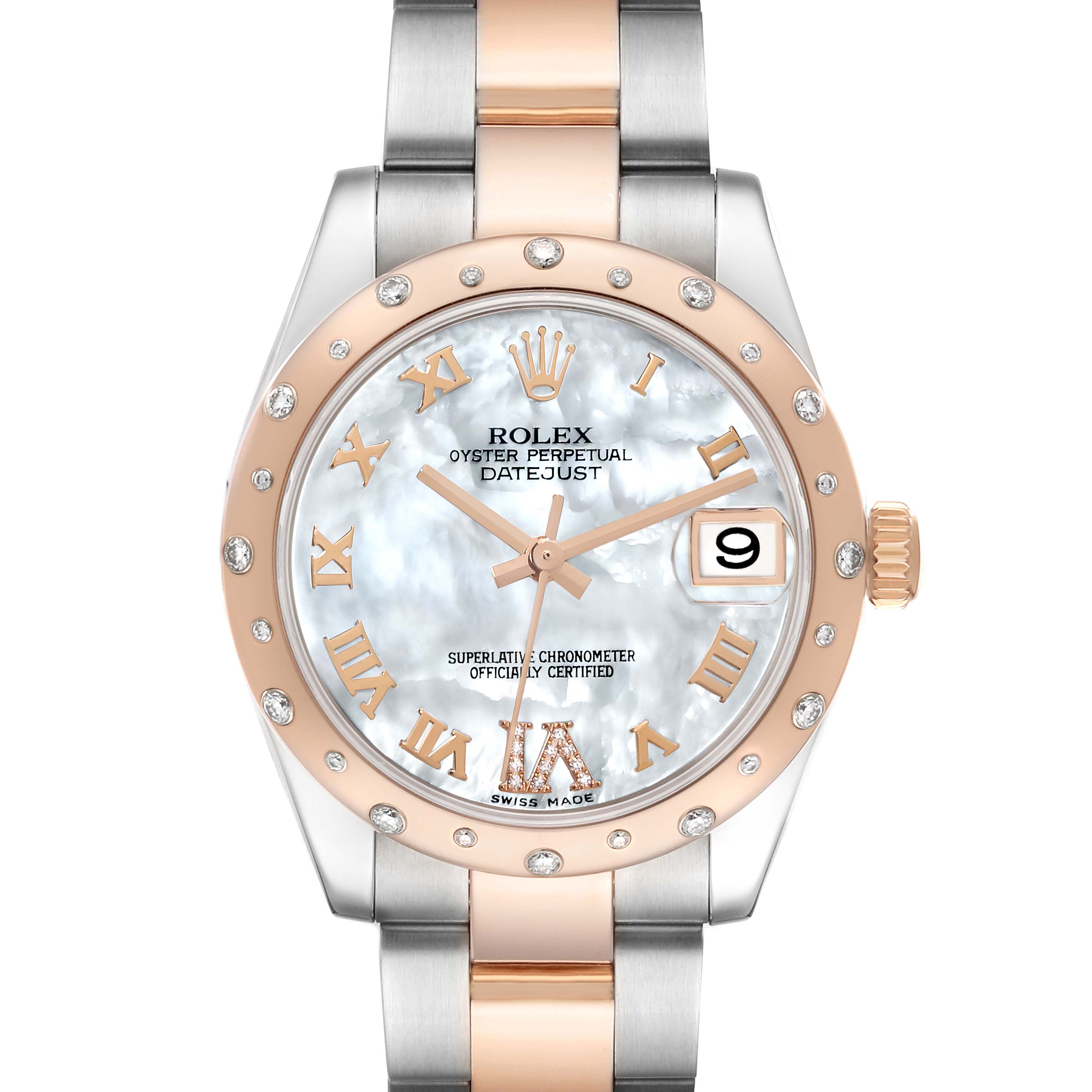 The watch shown is a Rolex Oyster Perpetual Datejust Mid-Size model with a front view displaying the face and bracelet.