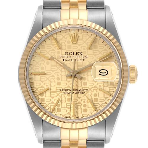 The Rolex Datejust 16013 Men's Steel and Gold (two tone) Champagne Dial 16013 Men's Steel and Gold (two tone) Champagne Dial is shown from a front angle, featuring the dial, hands, bezel, and part of the bracelet.