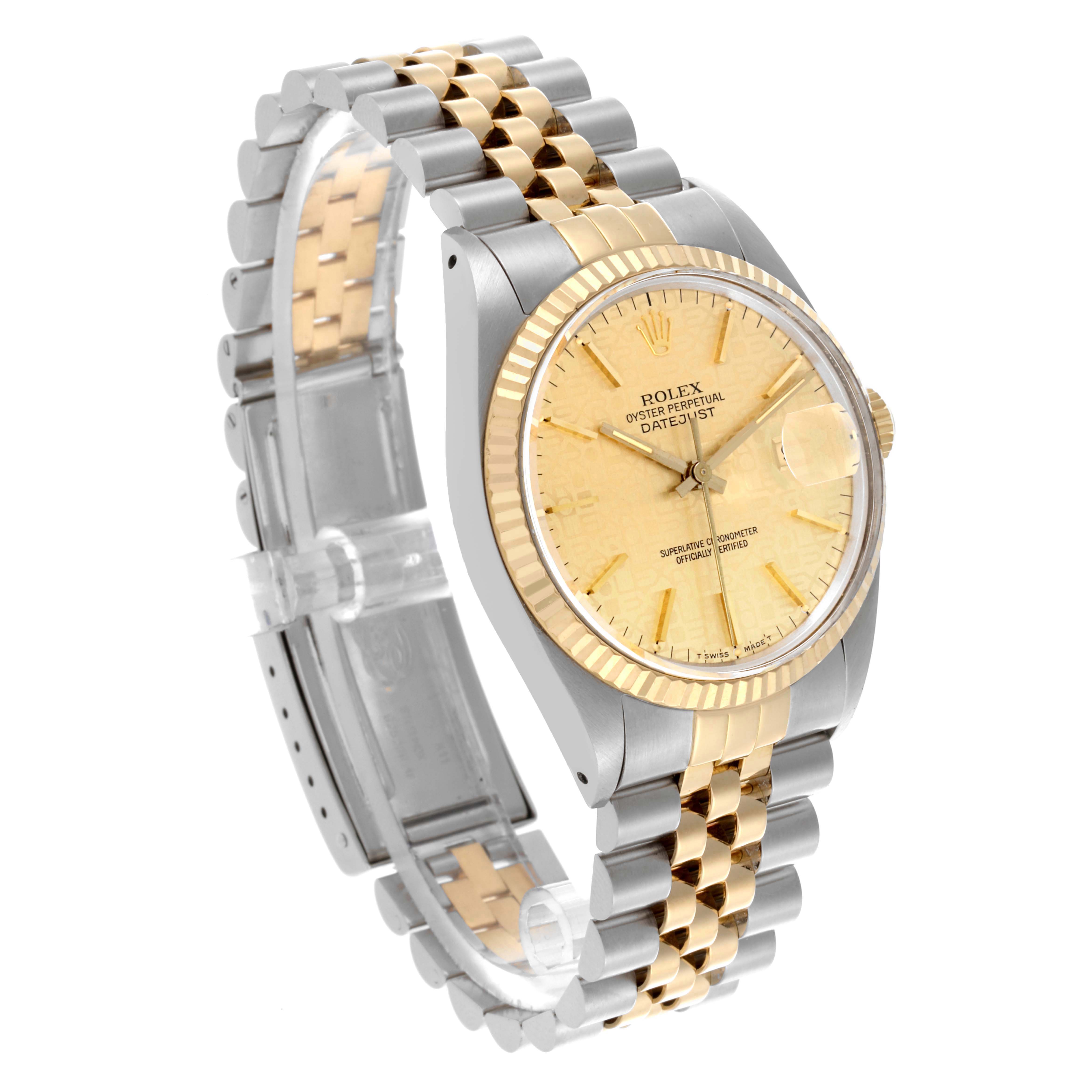 The Rolex Datejust 16013 Men's Steel and Gold (two tone) Champagne Dial 16013 Men's Steel and Gold (two tone) Champagne Dial watch is shown angled slightly from the side, highlighting the face, bezel, and two-tone bracelet.