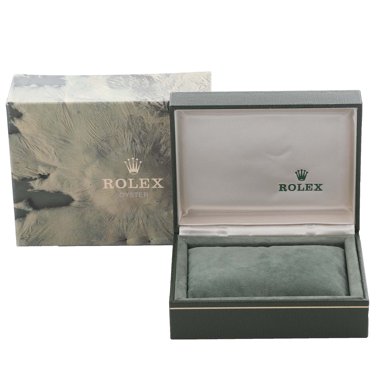 The image shows a Rolex Datejust 16013 Men's Steel and Gold (two tone) Champagne Dial 16013 Men's Steel and Gold (two tone) Champagne Dial box partially open with a cushion inside, alongside its outer packaging.