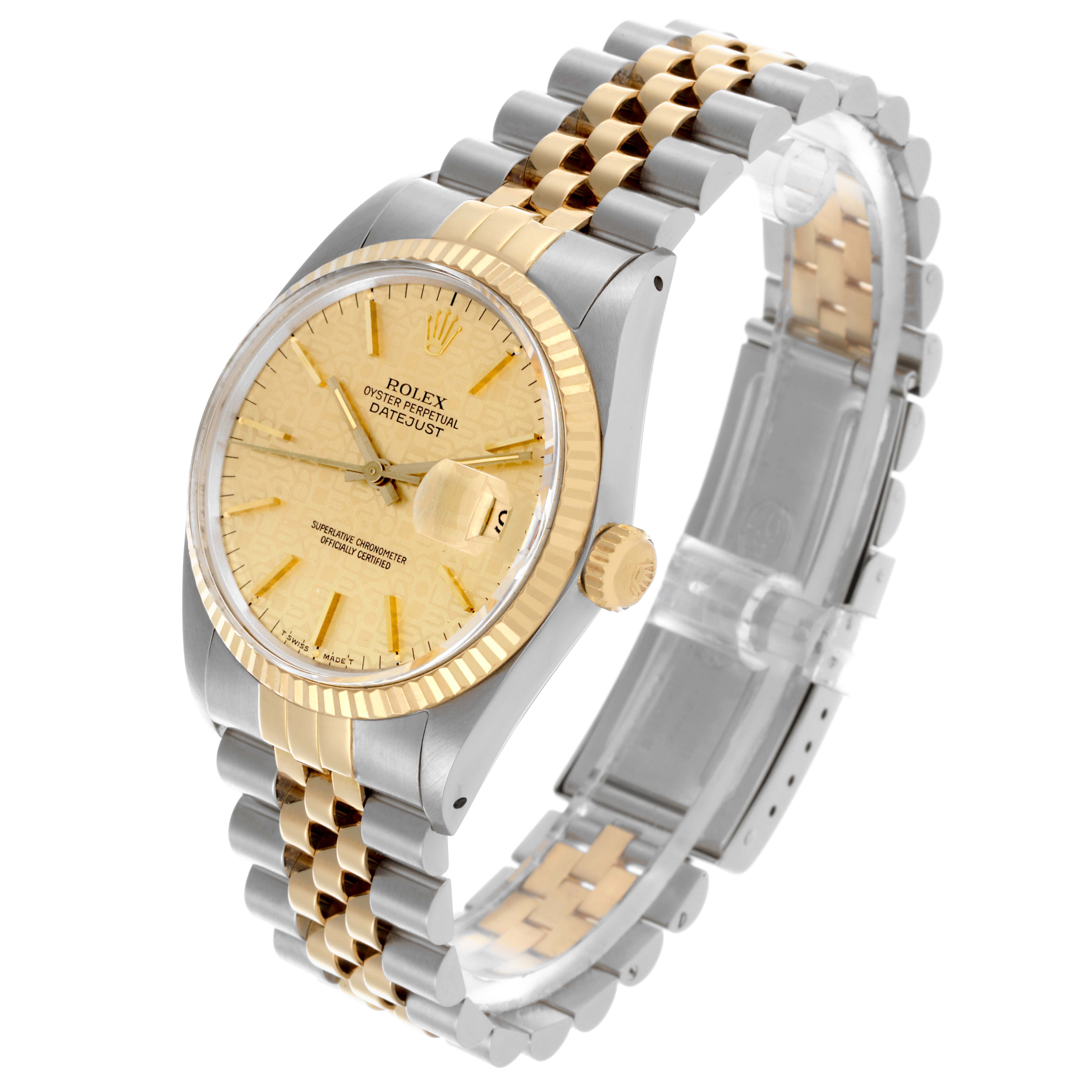 The Rolex Datejust 16013 Men's Steel and Gold (two tone) Champagne Dial 16013 Men's Steel and Gold (two tone) Champagne Dial watch is shown at a three-quarter angle, displaying the face, bezel, crown, and two-tone bracelet.