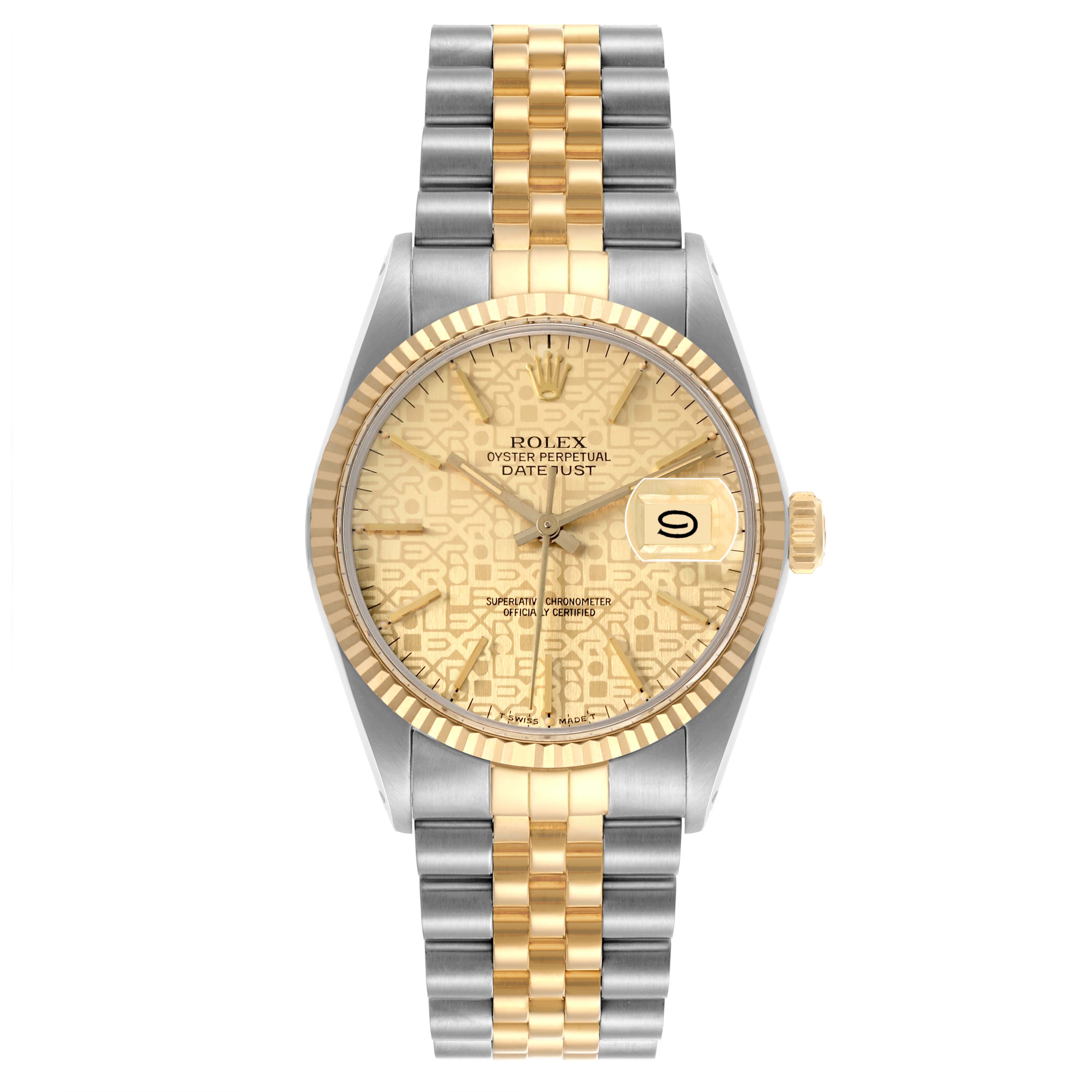 The Rolex Datejust 16013 Men's Steel and Gold (two tone) Champagne Dial 16013 Men's Steel and Gold (two tone) Champagne Dial watch is shown from the front, highlighting the dial, bezel, and two-tone bracelet.
