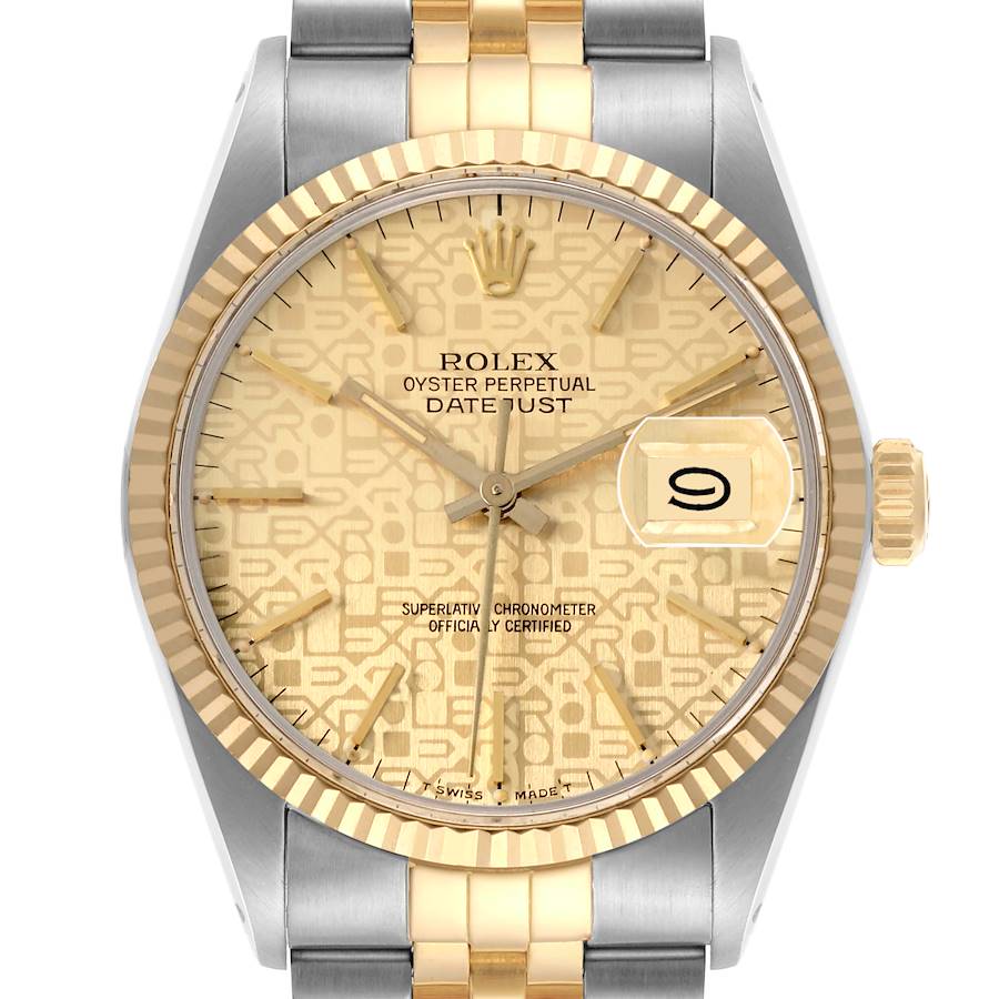 The Rolex Datejust 16013 Men's Steel and Gold (two tone) Champagne Dial 16013 Men's Steel and Gold (two tone) Champagne Dial watch is shown from a frontal angle, displaying its dial, bezel, crown, and part of the bracelet.