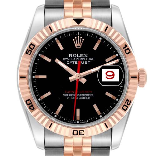 The Rolex Turn-o-Graph 116261 Men's Steel and Gold (two tone) Black Dial 116261 Men's Steel and Gold (two tone) Black Dial watch is shown from a front angle, highlighting the dial, bezel, and portion of the bracelet.