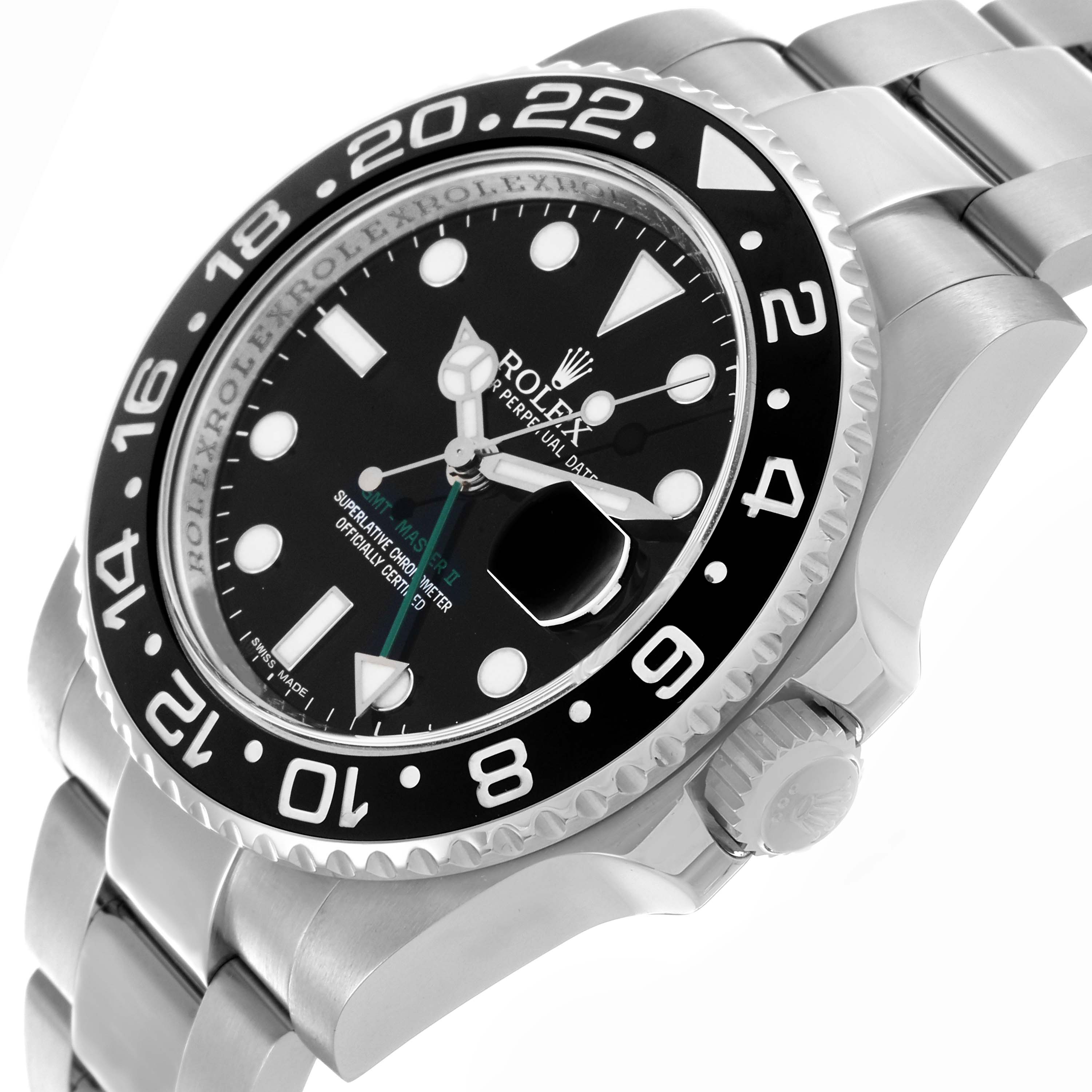 The Rolex GMT-Master 116710LN Men's Stainless Steel Black Dial 116710LN Men's Stainless Steel Black Dial is shown at a side angle, displaying the face, bezel, and a partial view of the bracelet.