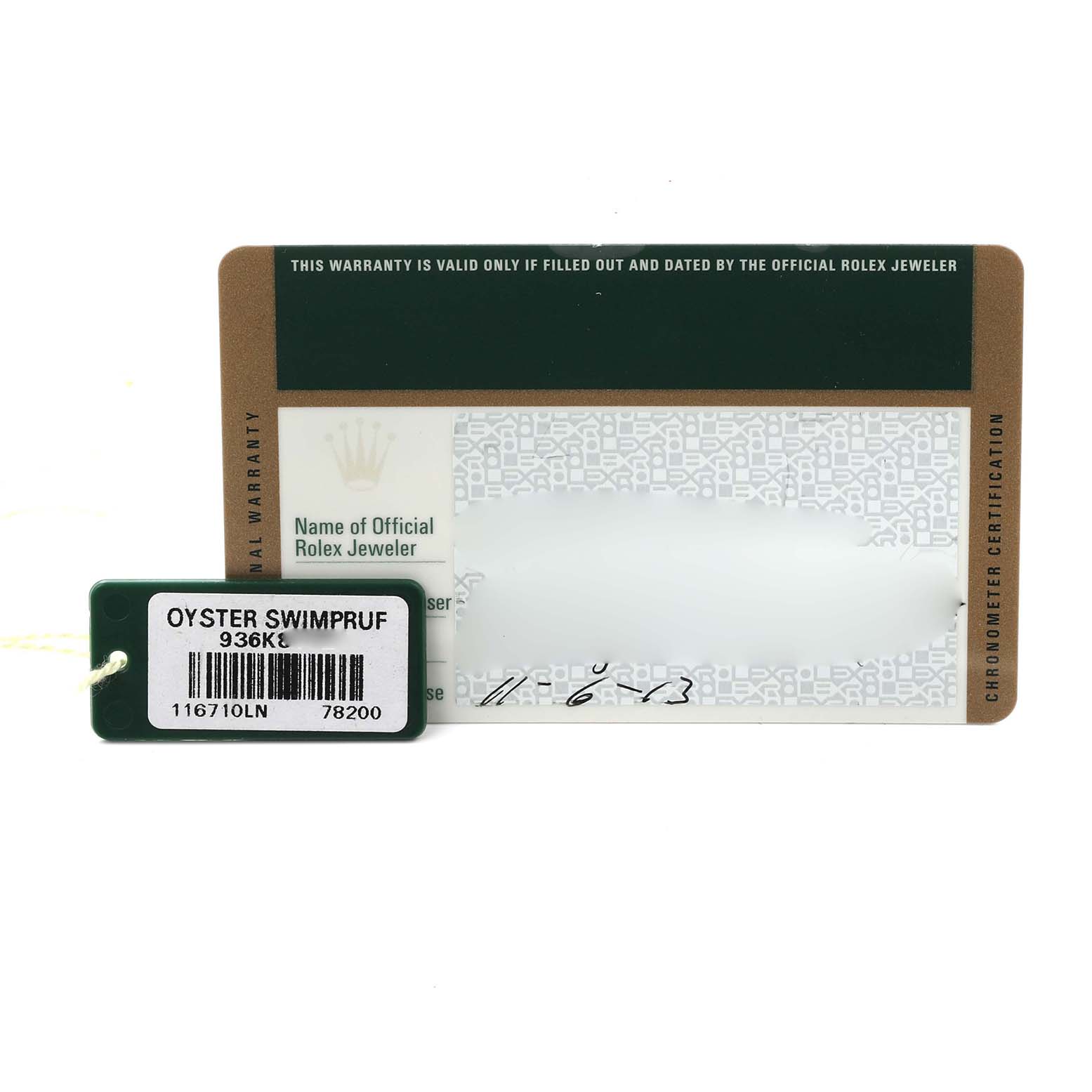 The image shows a warranty card and a tag for a Rolex GMT-Master 116710LN Men's Stainless Steel Black Dial 116710LN Men's Stainless Steel Black Dial, highlighting model and certification details.