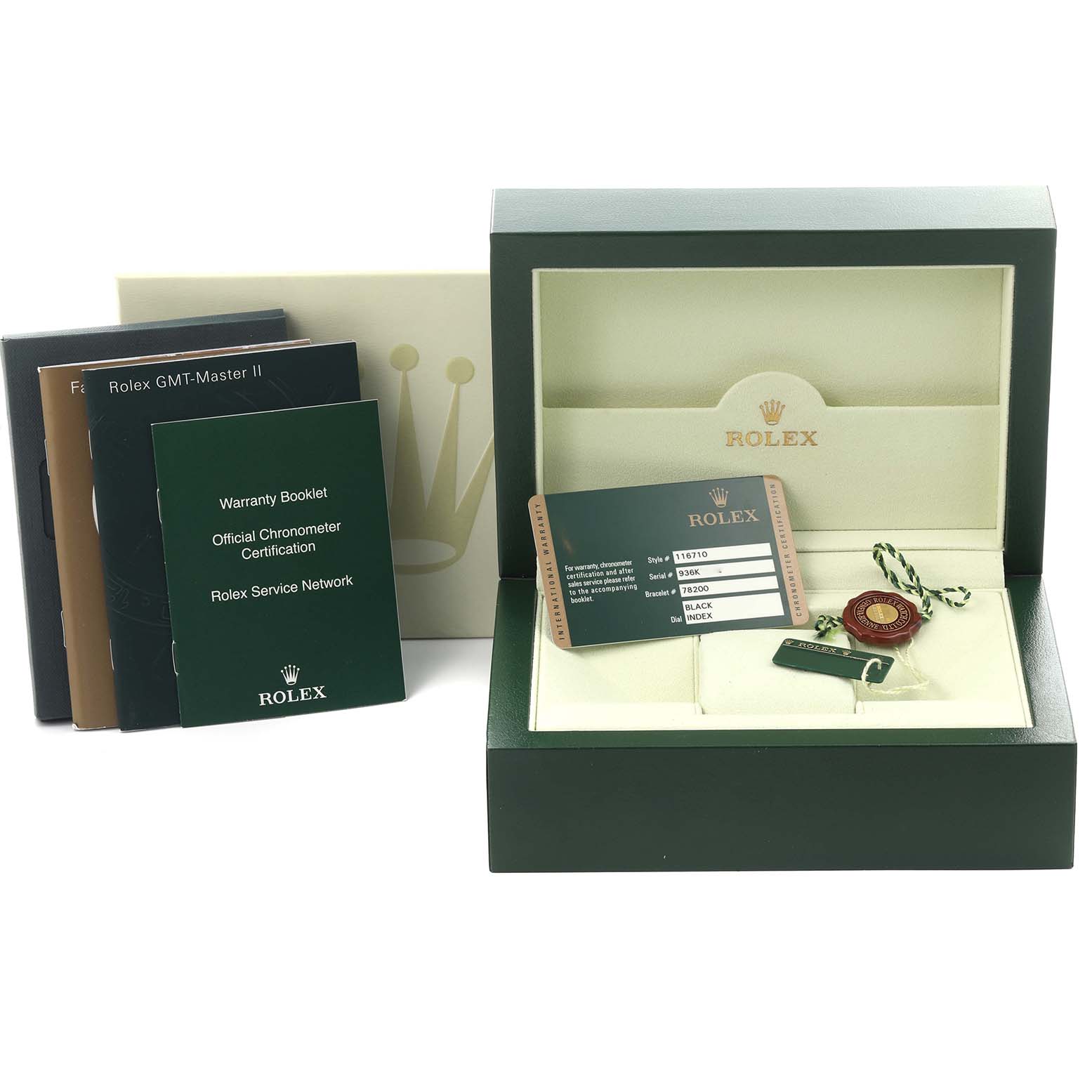 The image shows a Rolex GMT-Master 116710LN Men's Stainless Steel Black Dial 116710LN Men's Stainless Steel Black Dial watch box with accompanying warranty booklet, chronometer certification, and identification card.