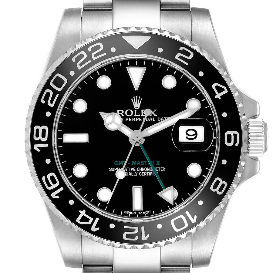 The image shows a front view of the Rolex GMT-Master 116710LN Men's Stainless Steel Black Dial 116710LN Men's Stainless Steel Black Dial II watch, highlighting the dial, bezel, and part of the bracelet.