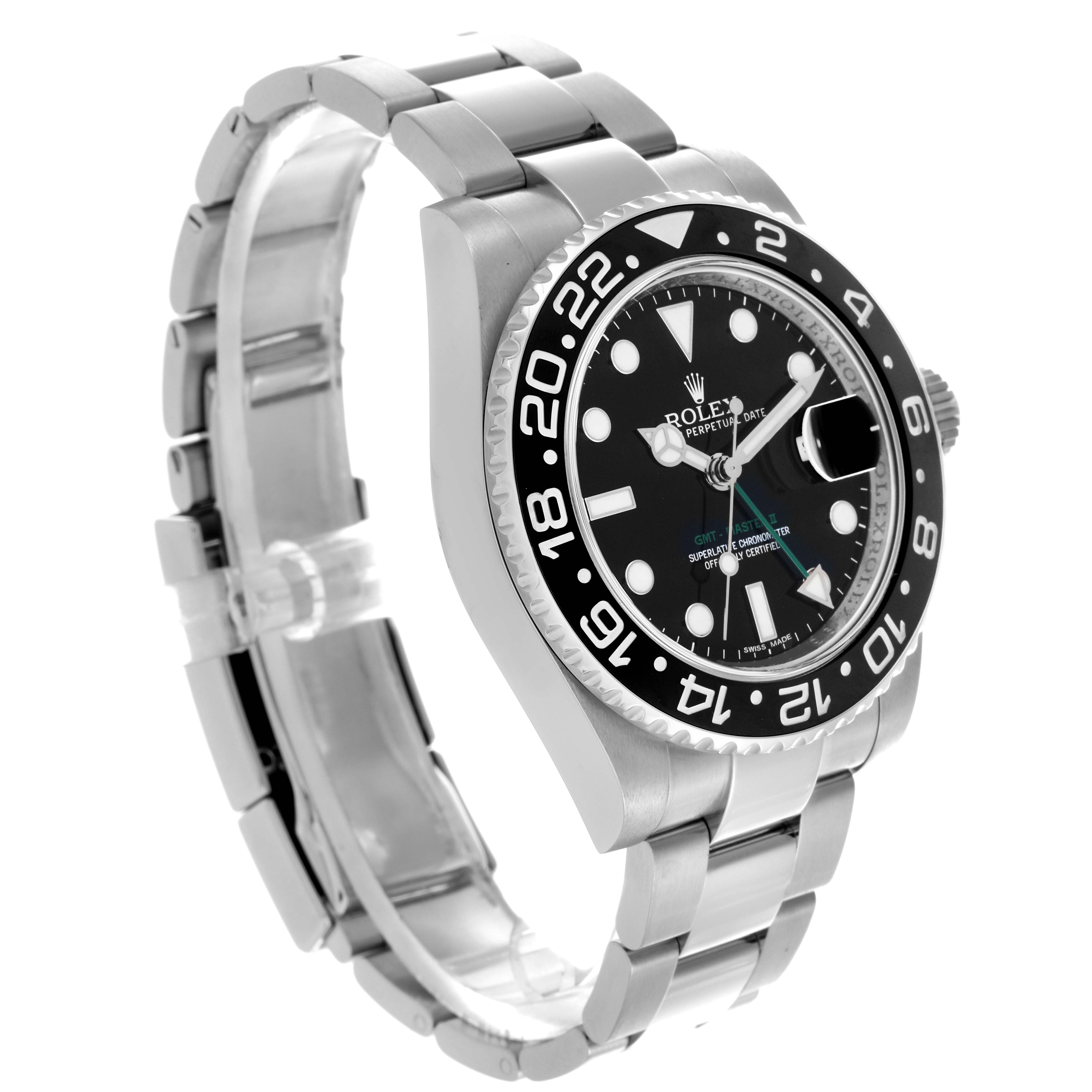 The Rolex GMT-Master 116710LN Men's Stainless Steel Black Dial 116710LN Men's Stainless Steel Black Dial watch is shown at a three-quarter angle displaying the dial, bezel, and bracelet clearly.
