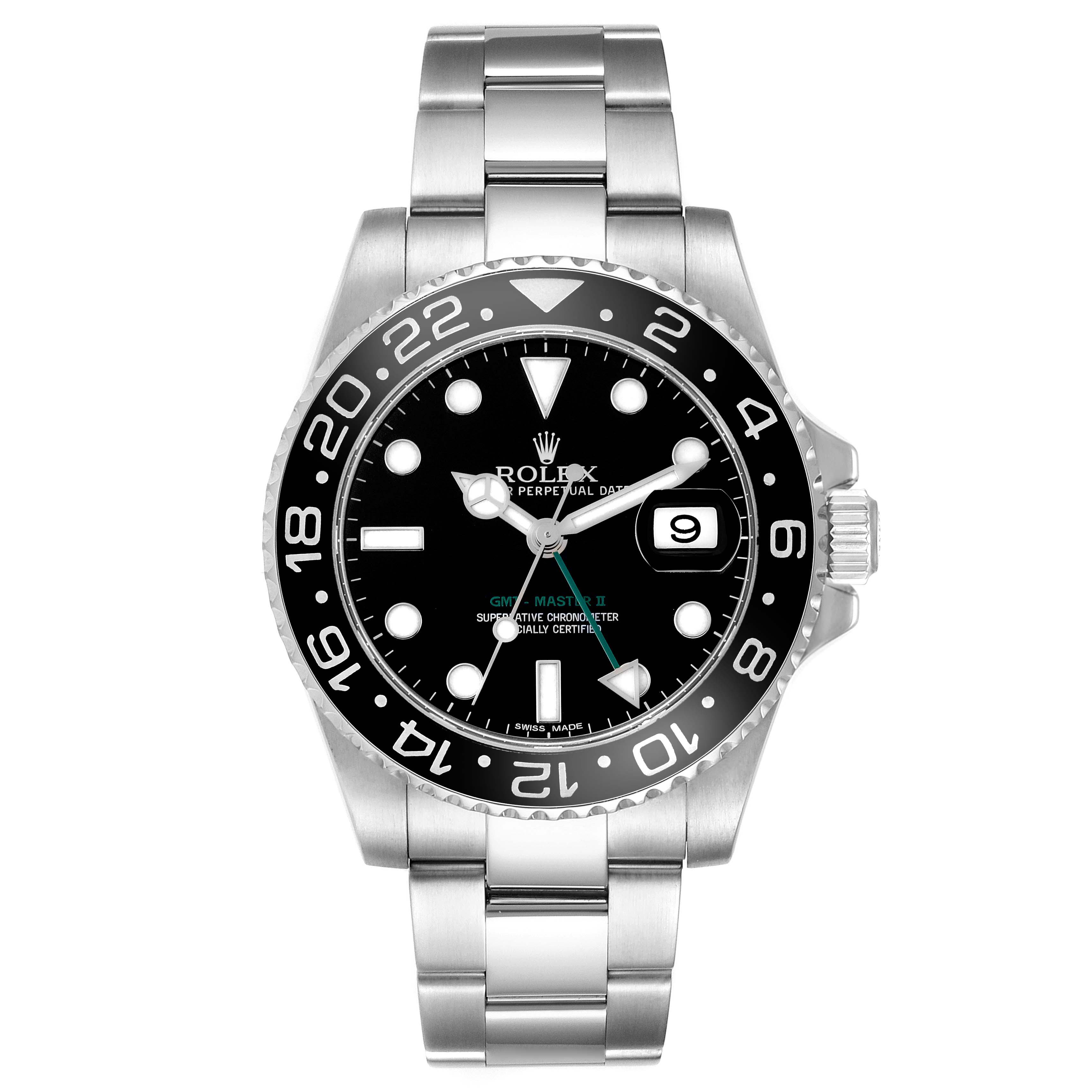 The Rolex GMT-Master 116710LN Men's Stainless Steel Black Dial 116710LN Men's Stainless Steel Black Dial watch is shown from a front angle, highlighting the dial, bezel, and bracelet.