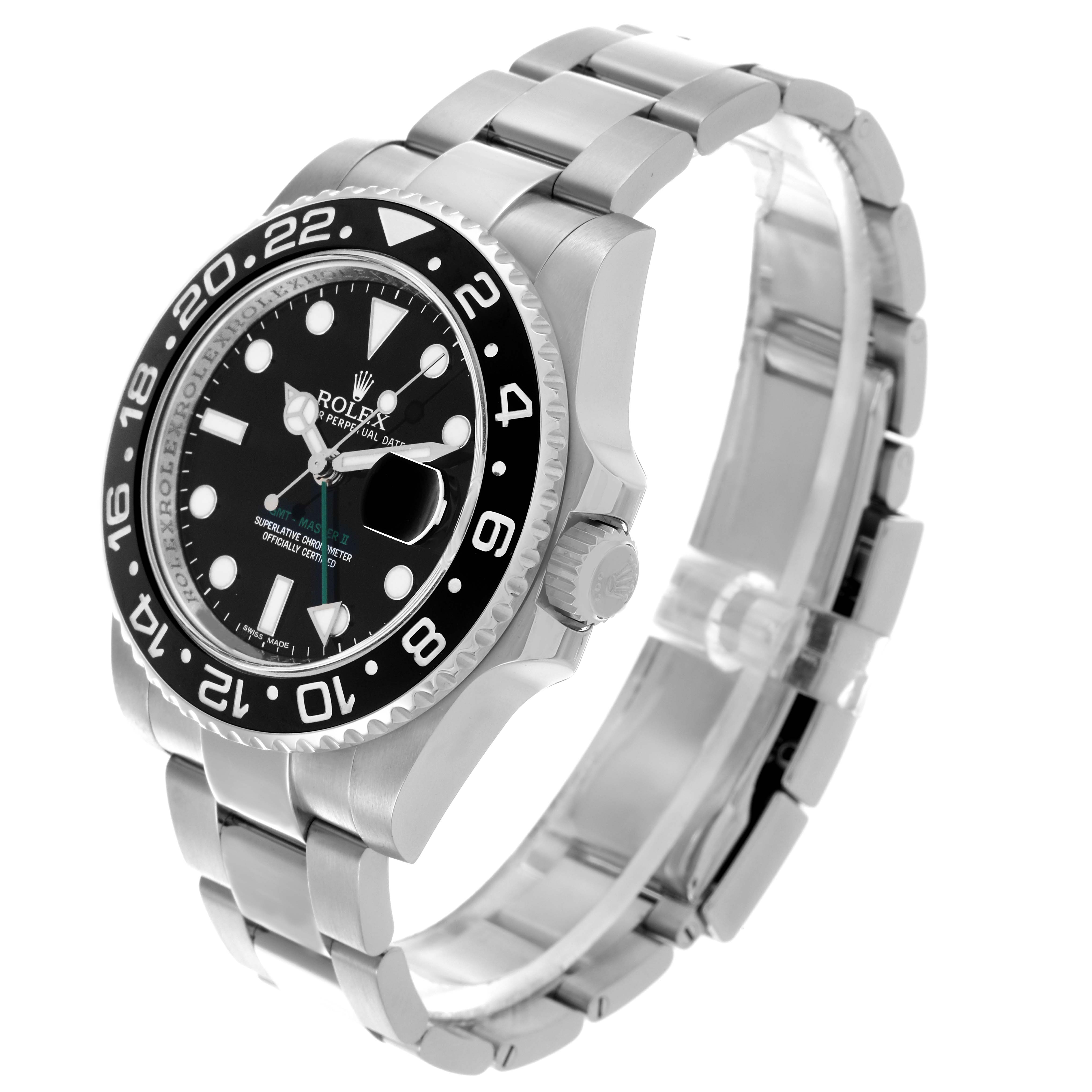 The Rolex GMT-Master 116710LN Men's Stainless Steel Black Dial 116710LN Men's Stainless Steel Black Dial watch is shown at a three-quarter angle, clearly displaying the bezel, dial, crown, and bracelet.