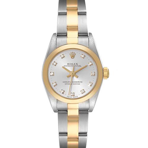 This image shows a front view of a Rolex Oyster Perpetual K745869 Women's Steel and Gold (two tone) Silver Dial K745869 Women's Steel and Gold (two tone) Silver Dial watch with a two-tone gold and stainless steel bracelet.