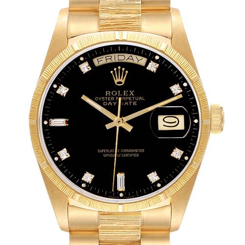 The Rolex President 18078 Men's Yellow Gold Black Dial 18078 Men's Yellow Gold Black Dial model is shown from a front angle, highlighting its black dial, gold case, and bracelet.