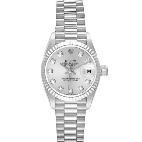 The image shows a Rolex President 79179 Women's White Gold Silver Dial 79179 Women's White Gold Silver Dial model watch from a front angle, highlighting the dial, bezel, and bracelet.