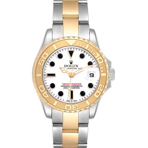 The Rolex Yacht-Master 169623 Women's Steel and Gold (two tone) White Dial 169623 Women's Steel and Gold (two tone) White Dial watch is shown from a front angle, displaying the face, bezel, and part of the bracelet.