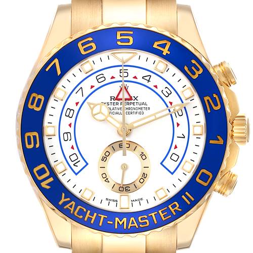 The Rolex Yacht-Master 116688 Men's Yellow Gold White Dial 116688 Men's Yellow Gold White Dial watch is shown from the front, highlighting its blue bezel, dial, and gold case details.