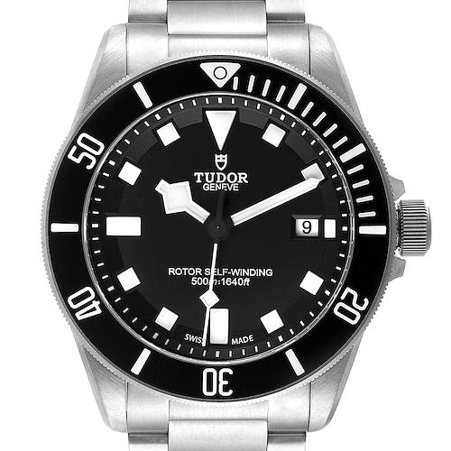 The image shows a front view of the Tudor Pelagos 25500TN Men's Platinum Black Dial 25500TN Men's Platinum Black Dial watch, highlighting the dial, bezel, and part of the bracelet.