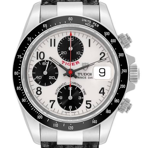 The Tudor Tiger 79260 Men's Stainless Steel White Dial 79260 Men's Stainless Steel White Dial model watch is shown from the front, highlighting its face, bezel, and side crown.