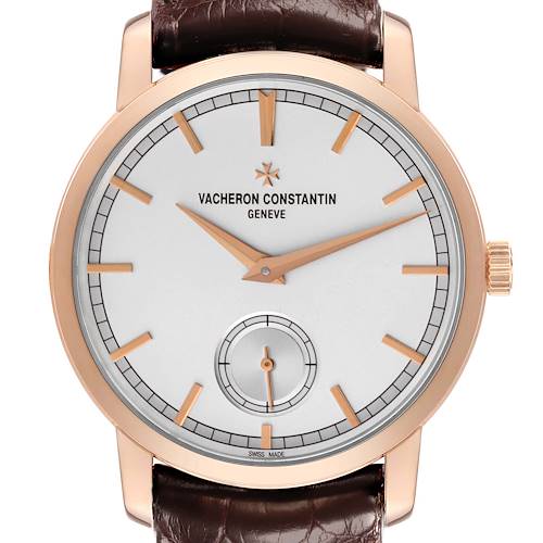 The Vacheron Constantin Traditionnelle 82172/000R-9382 Men's Rose Gold Silver Dial 82172/000R-9382 Men's Rose Gold Silver Dial watch is shown from a front angle, highlighting its face, markers, hands, and crown.