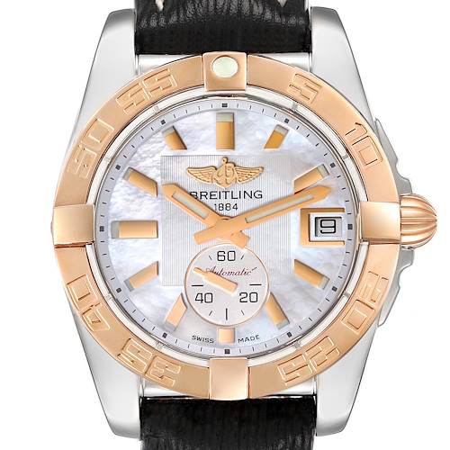 This image shows a front view of the Breitling Galactic C37330 Men's Steel and Gold (two tone) Mother of Pearl Dial C37330 Men's Steel and Gold (two tone) Mother of Pearl Dial watch, highlighting the dial, bezel, and part of the strap.