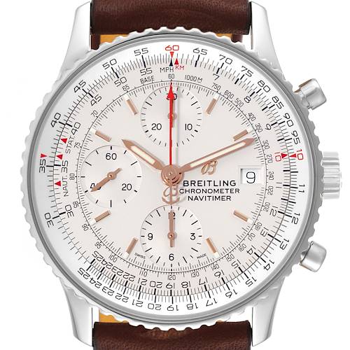This image shows a front view of the Breitling Navitimer A13324 Men's Stainless Steel Silver Dial A13324 Men's Stainless Steel Silver Dial, displaying its dial, bezel, and chronograph sub-dials.