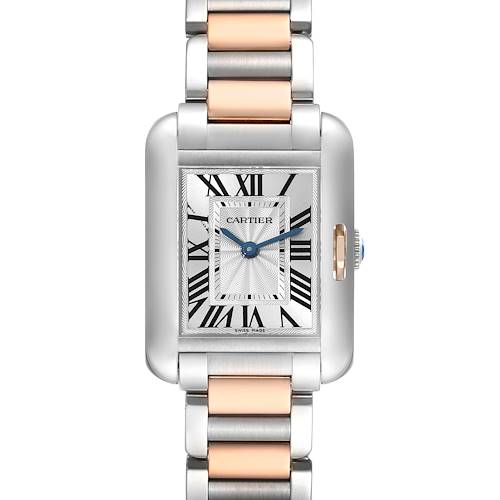 This image shows a frontal view of a Cartier Tank Anglaise W5310019 Women's Steel and Gold (two tone) Silver Dial W5310019 Women's Steel and Gold (two tone) Silver Dial watch, displaying its face and metal bracelet.