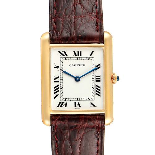The image shows a front view of the Cartier Tank Classic  Women's Yellow Gold White Dial  Women's Yellow Gold White Dial watch, highlighting the dial, case, leather strap, and blue hands.