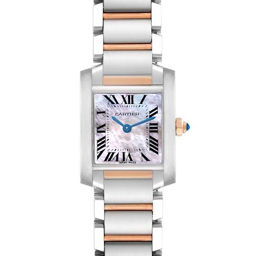 The Cartier Tank Francaise W51027Q4 Women's Steel and Gold (two tone) Mother of Pearl Dial W51027Q4 Women's Steel and Gold (two tone) Mother of Pearl Dial is shown from a top-down angle, displaying the face, bracelet, and crown with a blue cabochon.