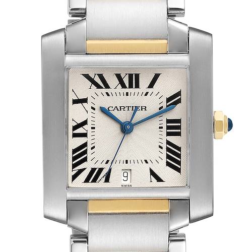 This image shows the face and part of the bracelet of the Cartier Tank Française watch.