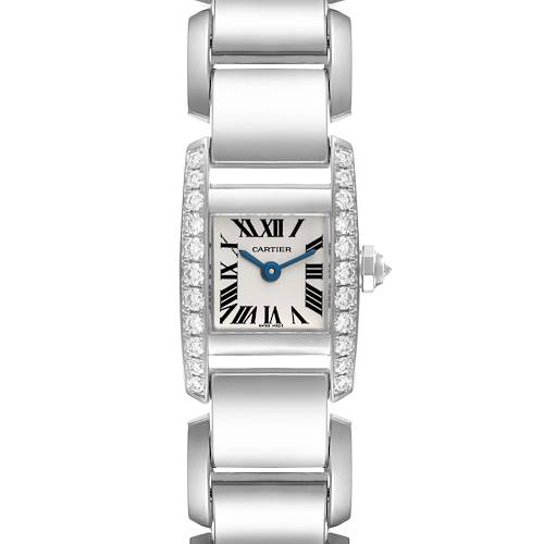 The image shows a frontal view of the Cartier Tankissime WE70069H Women's White Gold Silver Dial WE70069H Women's White Gold Silver Dial watch, displaying its face, bracelet, and diamond accents.