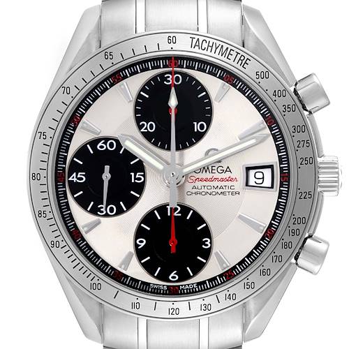 The Omega Speedmaster 3211.31.00 Men's Stainless Steel Silver Dial 3211.31.00 Men's Stainless Steel Silver Dial watch is shown from a front angle highlighting the dial, subdials, date window, and tachymeter bezel.
