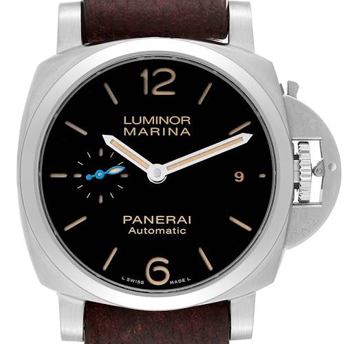 The image shows a front view of a Panerai Luminor PAM01392 Men's Stainless Steel Black Dial PAM01392 Men's Stainless Steel Black Dial Marina watch, displaying its dial, hands, crown, and part of the strap.
