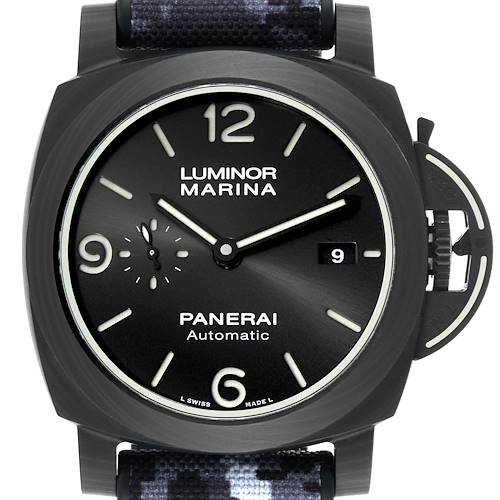 The image shows a front view of a Panerai Luminor PAM01118 Men's Titanium Black Dial PAM01118 Men's Titanium Black Dial Marina watch, displaying the dial, hands, date window, and crown guard.