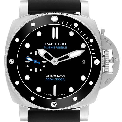 The image shows a front view of the Panerai Submersible PAM00683 Men's Stainless Steel Black Dial PAM00683 Men's Stainless Steel Black Dial watch display and bezel, featuring its dial, hands, markers, and crown guard.