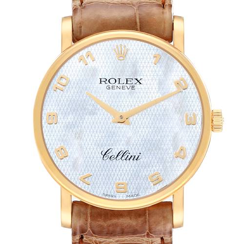 This image shows the face of a Rolex Cellini 5115/8 Men's Yellow Gold Mother of Pearl Dial 5115/8 Men's Yellow Gold Mother of Pearl Dial watch with a leather strap, golden numerals, and hands.